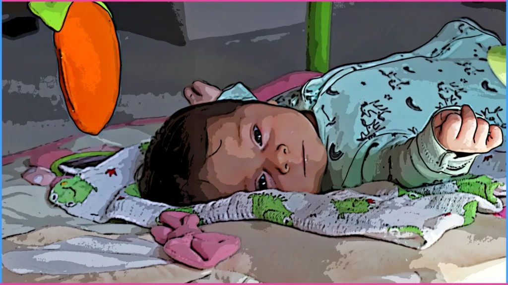 2 hónapos baba játszószőnyegen fekszik