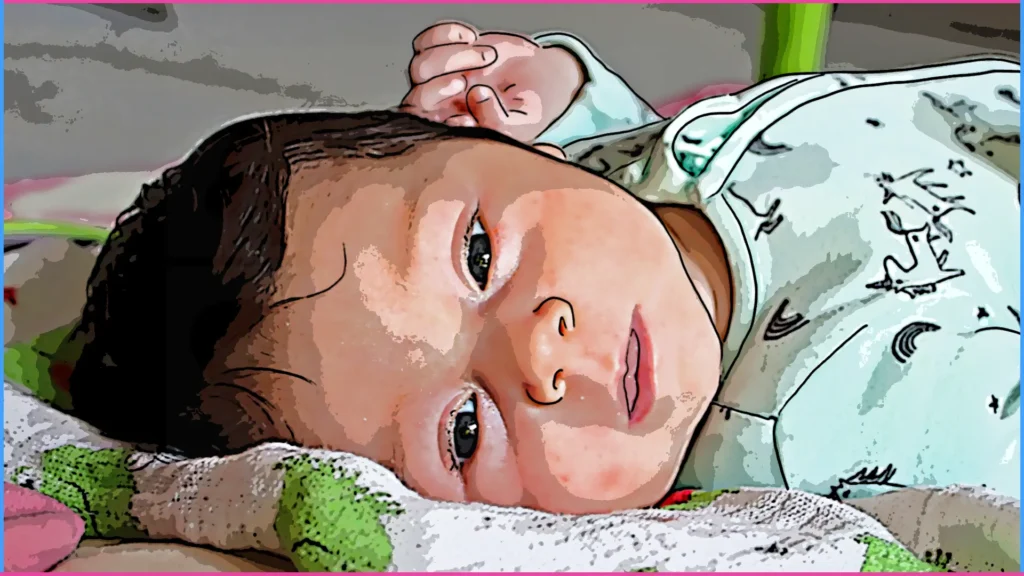 Baba háton fekszik, fejét oldalra fordítja