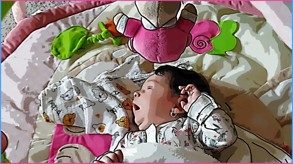 2 hónapos baba játszószőnyegen nézelődik