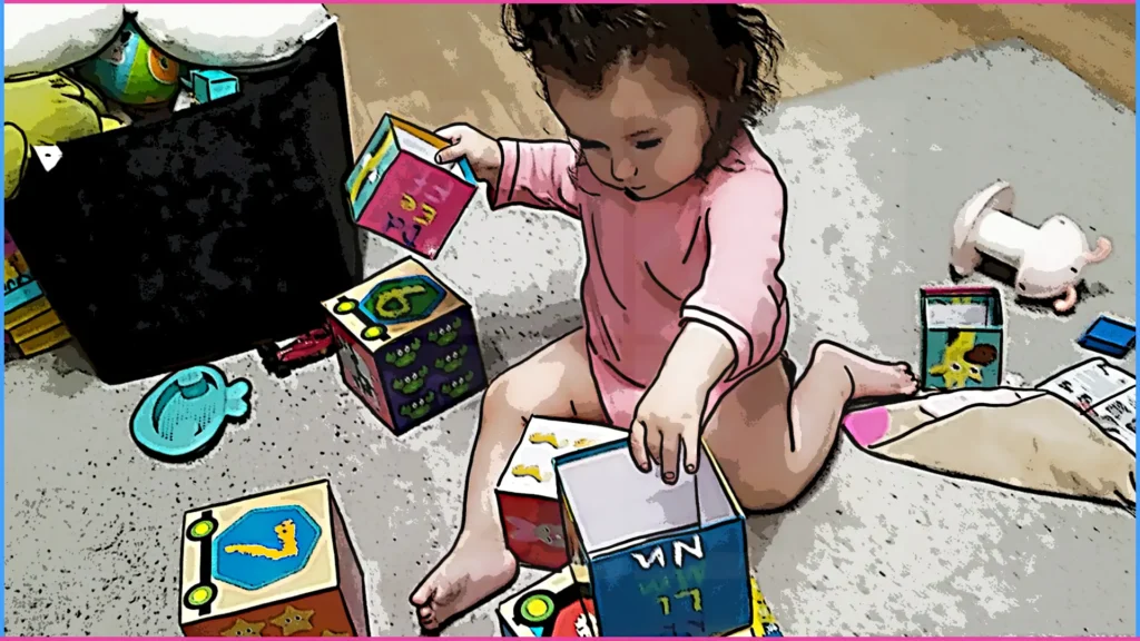 12 hónapos baba építőkockákkal játszik