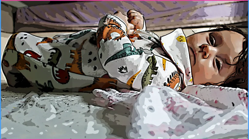 5 hónapos baba háton fekve, fejét oldalra fordítva figyel