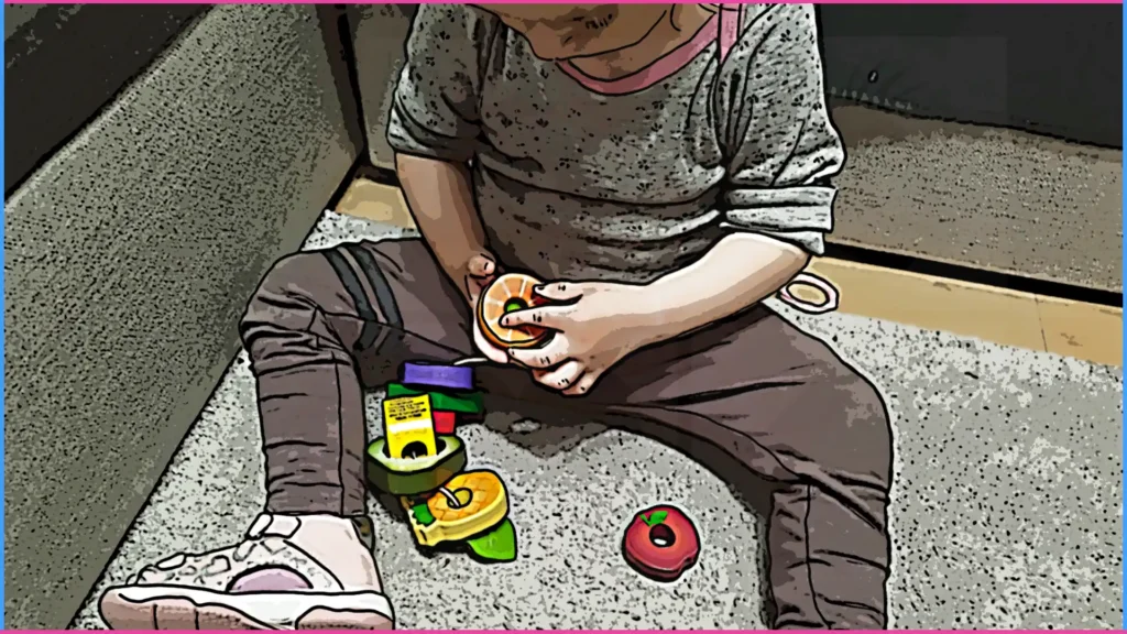 Finommotorika. Egy-másfél éves gyermek fűzős játékkal játszik