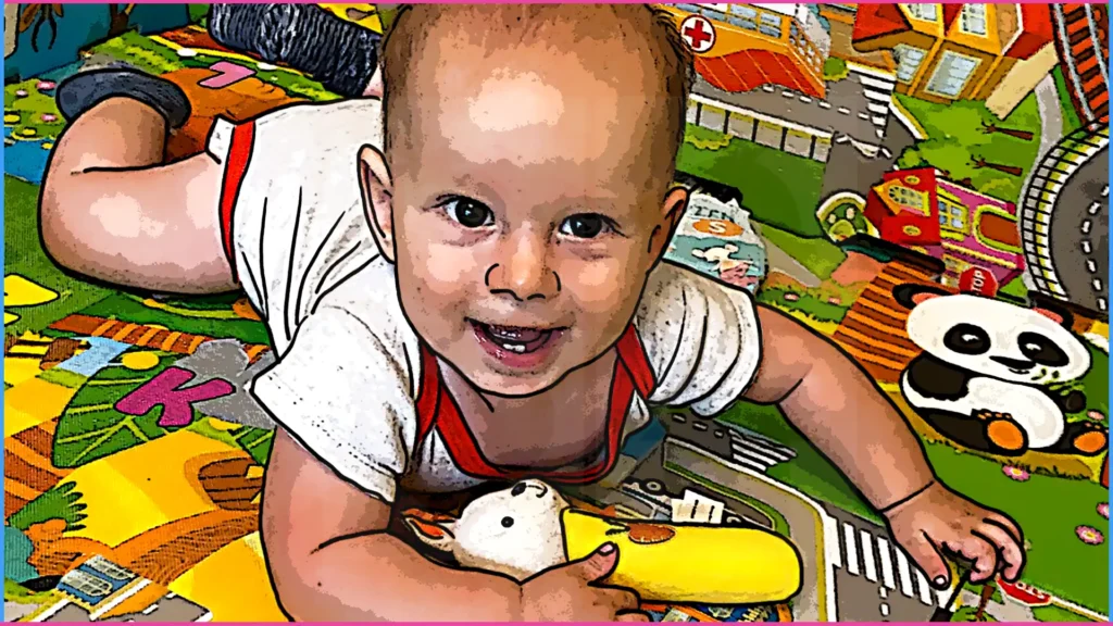 8 hónapos baba játszószőnyegen hasal