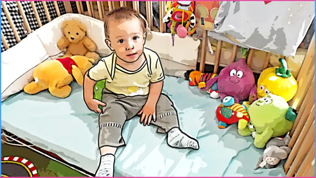 Felülés - Kisfiú egyenes háttal ül a kiságyában