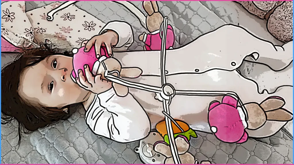 9 hónapos baba nyuszis kiságyforgóval játszik